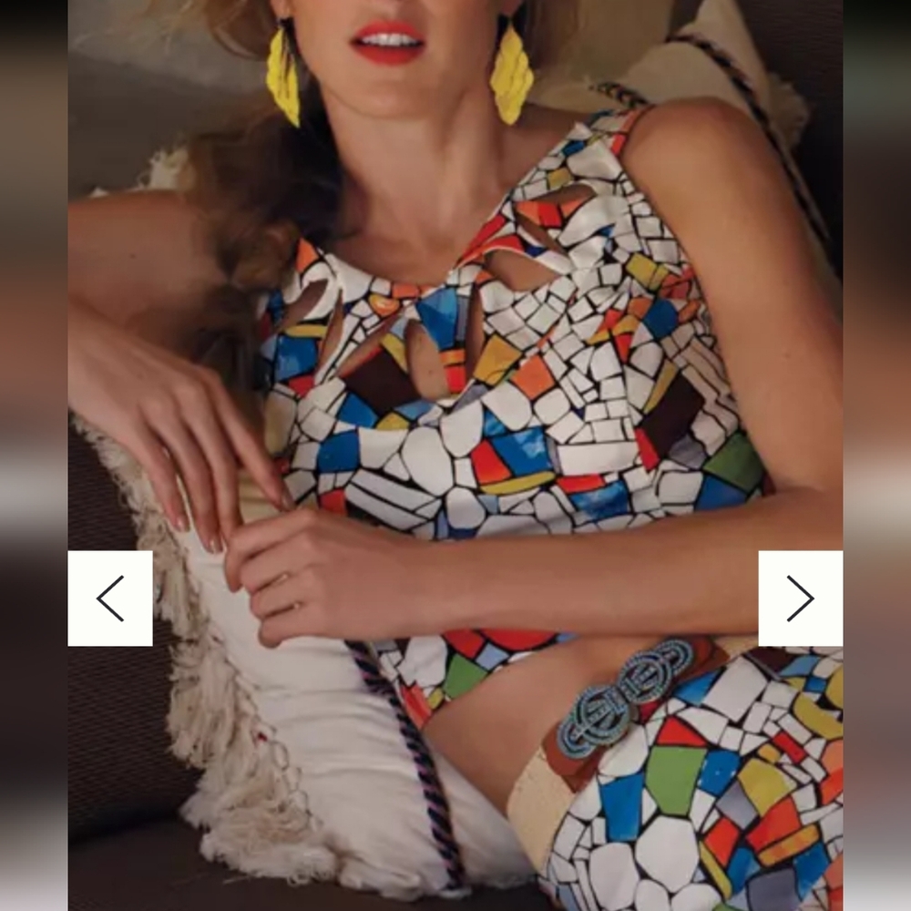 Anthropologie Maeve Leadlight Cropped Top Sleeveless Multi-Color Mosaic Print 8